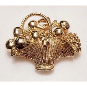New View Goldtone Fruit Basket Brooch Pin Vintage 1990s Signed